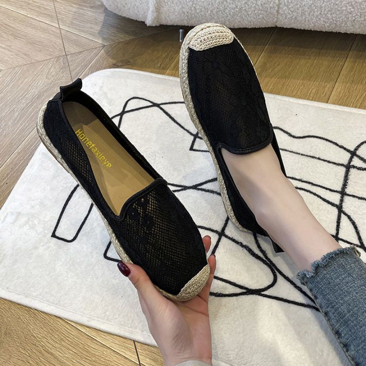 รองเท้าชาวประมงผู้หญิง-2023-รองเท้าโลฟเฟอร์สำหรับคนขี้เกียจแบบลำลองกันลื่นแบบใหม่ผ้าลินินส้นแบนสานสไตล์ลูกไม้ขนาดเล็ก