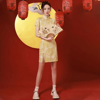 【CW】 Yellow cheongsam in 2022 qipao dress mordern Chinese style short short fried street. chinese mini dresses[new arrival]