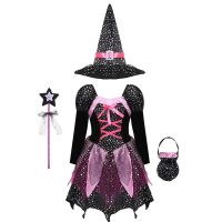 Kid Girls Halloween Witch Costume Sparkly Silver Stars Printed Carnival Cosplay Dress with Pointed Hat Wand Dress Up Clothes