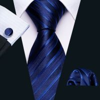 New Fashion Blue Striped Men Tie Set 8.5cm Silk Jacquard Woven Neckties Wedding Business Handkerchief Cufflink Tie Barry.Wang