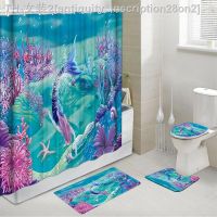 【CW】☎▦  Shower Curtain Set with Non-Slip Rugs Toilet Lid Cover Kids Coral Starfish Curtains