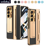 [Kickstand] [ปกป้องหน้าจอ] เคสชุบสำหรับ Samsung Galaxy Z Fold5 Fold4 Fold3พับ3 5ปกสีดำ-โล่สีทอง