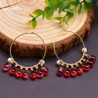 GLSEEVO Pure Natural Red Crystal Earrings Female Girl Party Bohemian Gift Freshwater Pearl Jewelry Handmade Ge0951