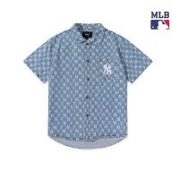 [พร้อมส่ง] เสื้อเชิ้ตยีนแขนสั้น ปักลาย MLB NY แฟชั่นคู่รัก สไตล์เรโทร