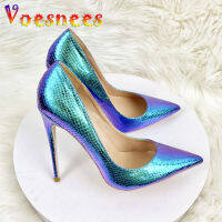 ผู้หญิง Blue Snakeskin รองเท้าส้นสูง2023ใหม่เงางานแต่งงานปั๊ม Pointed Toe Party รองเท้า12ซม. Holographic Elegant Stilettos