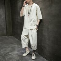 Yourqipao Japanese Mens Embroidered Suit Short Sleeve T-shirt Chinese Top and Trousers Two-piece Harajuku Tang Suit Hanbok Sets