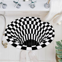 3D Illusion Vortex Swirl Print Optical Illusion Area Rug Black White Bottomless Hole Grid Non-Slip Doormat Mats for Home