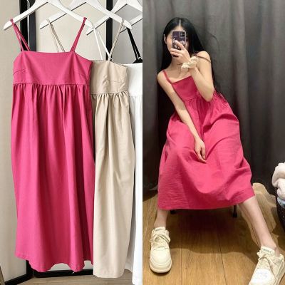 UNIQLO Youjia 2023 Spring And Summer New Womens Linen Blended Pleated Sleeveless Suspender Dress With Pockets