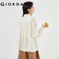 GIORDANO Women Shirts Smocked Back Long Sleeve Shirts Button Closure Classic Collar Simple Fashion Casual Loose Shirts 18343211