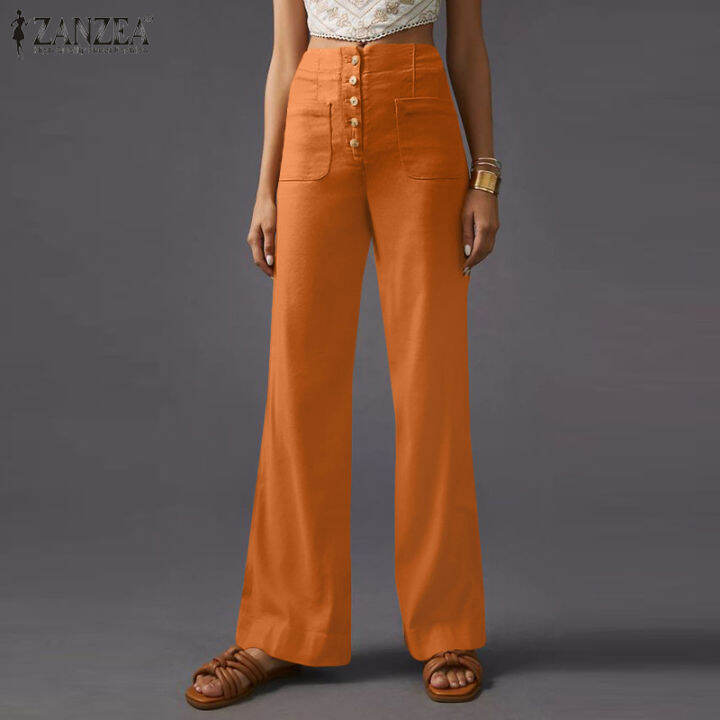 ZANZEA Women Retro Commute Button Down Front Solid Long Pants Versatile