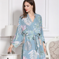 Summer Cotton Ladies Single Robe Home Clothes Comfortable Fresh Floral Printed Long-sleeved Robes with Strap Female Kimono Robe