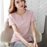 COD DSFERTRETRE Women Tops Patchwork Tshirt Summer Wear Women T-shirt Korea Short-sleeved T-shirts V-neck Slim Tshirts Female