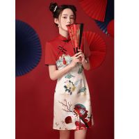 แฟชั่นจีนสีแดง Cheongsam สาวฤดูร้อนใหม่ปรับปรุงใหม่สไตล์จีนประจำวันสั้น Cheongsam ชุด Cheongsam ยอดนิยมร้อยพิมพ์ Cheongsam สไตล์จีน Cheongsam