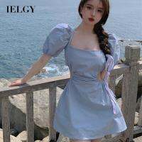 IELGY สีฟ้า Retro ภาษาฝรั่งเศสคำความงามกลับ Waistless 2021อินเทรนด์ใหม่ชุดลูกไม้ผู้หญิง