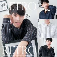 Purinmens Retro เสื้อเชิ้ตผ้าคอตตอนผสมลินิน คอจีน ลายทาง สีขาว สีดำ สีกรม ดีไซน์เรียบง่าย แมทชง่ายกับกางเกงสแล็ค และยีนส์ตัวโปรด