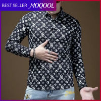 MOQOOL เสื้อเชิ้ตเรโทรผู้ชาย,เสื้อแฟชั่นแขนยาวเข้ารูปพิมพ์ลายเท่เสื้อสุดหล่อเสื้อผู้ชายเทรนด์ฉบับภาษาเกาหลีสไตล์อังกฤษและฮ่องกง