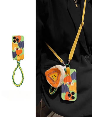 ความรักที่มีสีสัน Graffiti Phone Case สำหรับ iPhone14promax Smiley หูฟังที่เก็บกระเป๋าใส่โทรศัพท์ขนาดเล็กสำหรับ iPhone13 Braided Hand Rope Case สำหรับ iPhone12Promax กระเป๋าสะพายไหล่สีเหลืองสำหรับ iPhone11