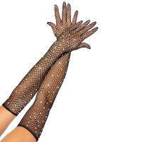 Stretch Rhinestones Long Dinner Dress Stage Performance Elasticity Gloves Fishing Net Gloves Bride Gloves