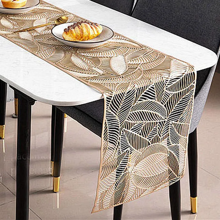 Loftyan Metallic Leaves Gold 4 6 Seaters Dining Table Runner 13 x 72