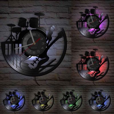 Electric Guitar Drum Rack Set Vinyl Record Wall Clock Band Music Musical Intrument Room Sign Retro CD Disc Rock n Roll Gift