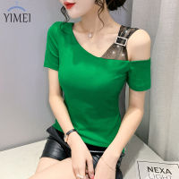 YIMEI เสื้อถักเปิดไหล่สำหรับผู้หญิง,เสื้อสไตล์เกาหลีแบบใหม่ชุดเดรสหน้าร้อนแฟชั่นเซ็กซี่ทำงานหนักเสื้อยืดผู้หญิงแขนสั้นกระโปรงกว่างโจวสวย