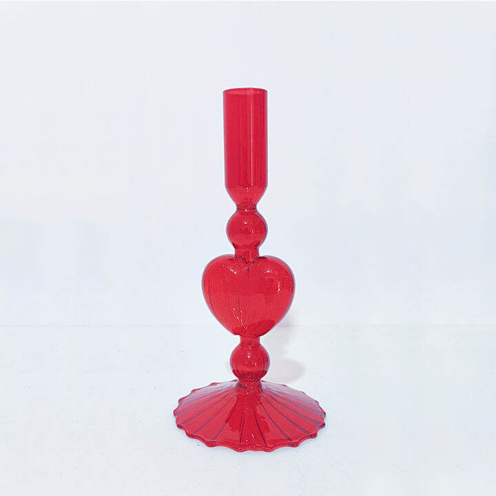 Fzbm Home Decor Red Heart Shape Candlesticks Taper Candle Holders Glass