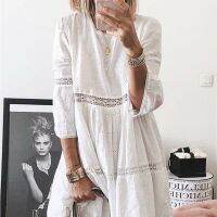 S-5XL Women Cotton Dress Floral Embroidery Lace Hollow Out Spring Summer Autumn Fashion Casual Elegant Loose Half Sleeve Dress White Yellow Blue Purple dbn