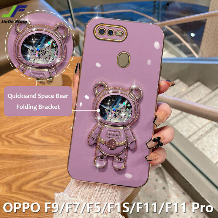 jiefie-quicksand-starry-sky-สำหรับ-oppo-f9-f7-f5-f1s-f11-f11-pro-ชุบโครเมี่ยม-tpu-นักบินอวกาศหมีโทรศัพท์-ขาตั้ง