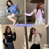 Zero shop?พร้อมส่ง? (Zero-11099) เสื้อไหมพร แขนสั้น เว้าหน้าอกเล็ก แถมปลอกแขน ดีเทลไหมพรมขนๆมุ้งมิ้ง