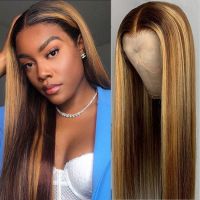 【LZ】﹉❄  Womens Medium Length Straight Hair Three Color Gradient Synthetic Wig for Women Full Mechanism Wig Ombre Brown Wig