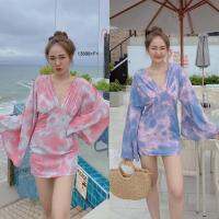 P13898 เดรสคอวีแขนบานลายมัดย้อม V-neck, flared sleeves, tie-dye pattern