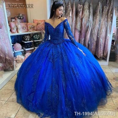 ▧ↂ AEOZAD Vestidos Quinceanrea azul royal mangas compridas vestido de baile brilhante gola V apliques renda 15 16 princesas festa 2023