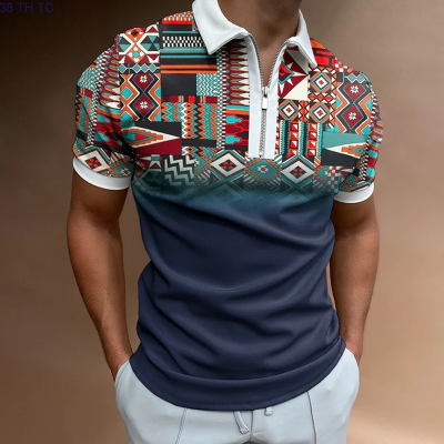 【high quality】  Polo Shirt, Short Sleeved, 3d Tribal Print, Zippered, Western Style, Suitable for Men.