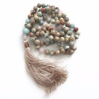 108 Mala Bead Necklace Aqua Terra Jaspers Hand Knotted Necklace Meditation Mala Necklaces Prayer Yoga tassel Necklaces