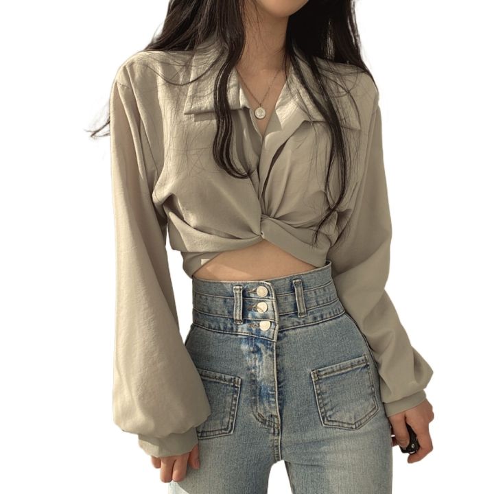 เสื้อยืดเสื้อแขนสไตล์เกาหลียาวเสื้อครอปดีไซน์ไทด์รูปโบว์ผู้หญิง