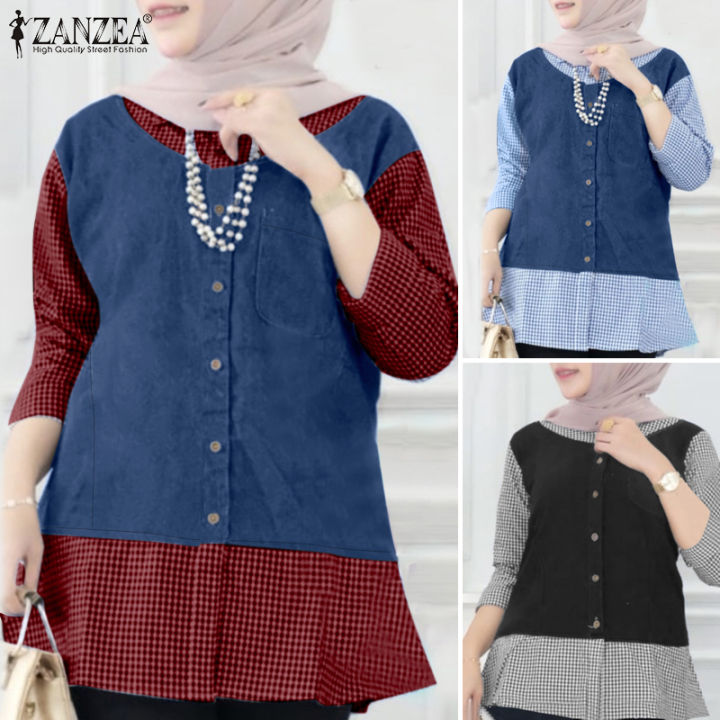 สินค้ามาใหม่-จัดส่งฟรี-fancystyle-zanzea-มุสลิมผู้หญิงมุสลิมเย็บลายตารางเสื้อเชิ้ตผ้าเดนิมเปิดลง-ปกเสื้อ