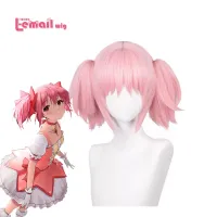 L- วิกผมสังเคราะห์ผม Magical สาว Kaname Madoka คอสเพลย์วิกผม30เซนติเมตรสั้นสีชมพูด้วยคลิปคู่ผมหางม้าวิกทนความร้อน