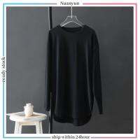【45-85KG】✨Nuanyun✨Korean Style Irregular Arc Hem Slit Blouse Oversized Loose Long-sleeved T-shirt Soft Solid Color Plus Size Womens Clothing T-shirt wanita muslimah bersaiz besar