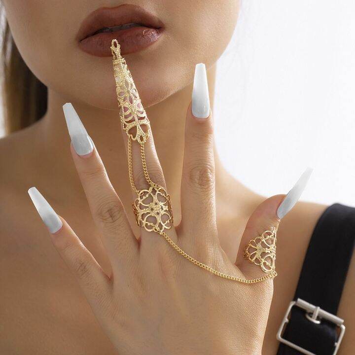 new-hollow-flower-chain-open-finger-rings-for-women-punk-two-link-ring-jewelry-party-gift-adhesives-tape