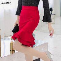 SEXMKL Womens Korean Pencil Skirt 2021 Fashion Elegant High Waist Ruffle Black Skirt Office Ladies Sexy Plus Size Red Skirt Jupe