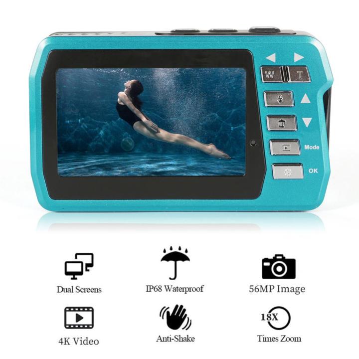 กล้องใต้น้ำ56mp-1080p-4k-30fps-uhd-เครื่องบันทึกวีดีโอ-ips-ตรวจจับใบหน้าหน้าจอคู่สำหรับการว่ายน้ำแม่-เด็ก