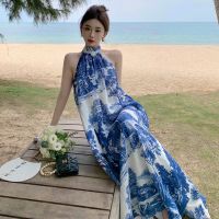 Huai retro hanging neck backless sleeveless dress printing design feels loose skirt of sanya hainan on holiday A word