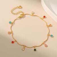 Bohemian Colored Zircon Ethnic Style Adjustable Length Anklets Fashion Metal Plated 18k Gold Anklet with Round Glass Pendant