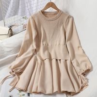 new fashion women knitting long sleeve dress fake two korean mini short dress