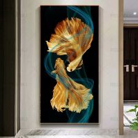 Luyameishop Golden Fish บทคัดย่อโปสเตอร์ตกแต่งภาพวาดผ้าใบสไตล์จีน Wall Art สำหรับห้องนั่งเล่น Home Decor