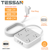 สายต่อขยายแบบแบน 510/15 ฟุต TESSAN Slim Power Strip ใต้พรมพร้อมชาร์จผนัง USB 3 ช่อง (พอร์ต USB C 1 ช่อง) 4 ช่องเสียบสถานีชาร์จเดสก์ท็อปบางเฉียบสำหรับเรือสำราญหอพักต้องมี