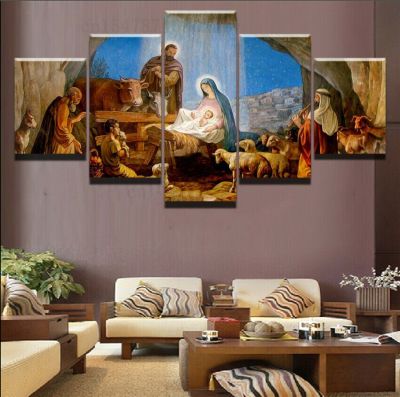 เกิดของคริสเตียนพระเยซูฟาร์มสัตว์ผ้าใบพิมพ์จิตรกรรมฝาผนังศิลปะโปสเตอร์5แผง HD พิมพ์ประดับห้องรูปภาพ
