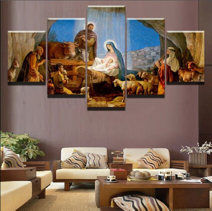 เกิดของคริสเตียนพระเยซูฟาร์มสัตว์ผ้าใบพิมพ์จิตรกรรมฝาผนังศิลปะโปสเตอร์5แผง-hd-พิมพ์ประดับห้องรูปภาพ