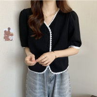 Black Blouse Women Fashion V Neck Shirt Korean Style Summer Simple Short Sleeve Chiffon Tops