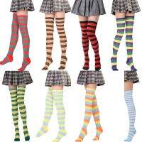 【Sock shop】 Women Girls Over Knee Long Stripe Printed Thigh High Striped Cotton Socks 24 Colors Sweet Cute Plus Size Overknee Socks